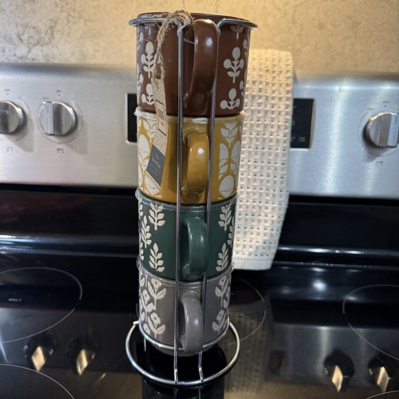 NIB Abode Housewares Blue & Beige Stackable Mug Set with Metal Stand - Picture 2 of 5